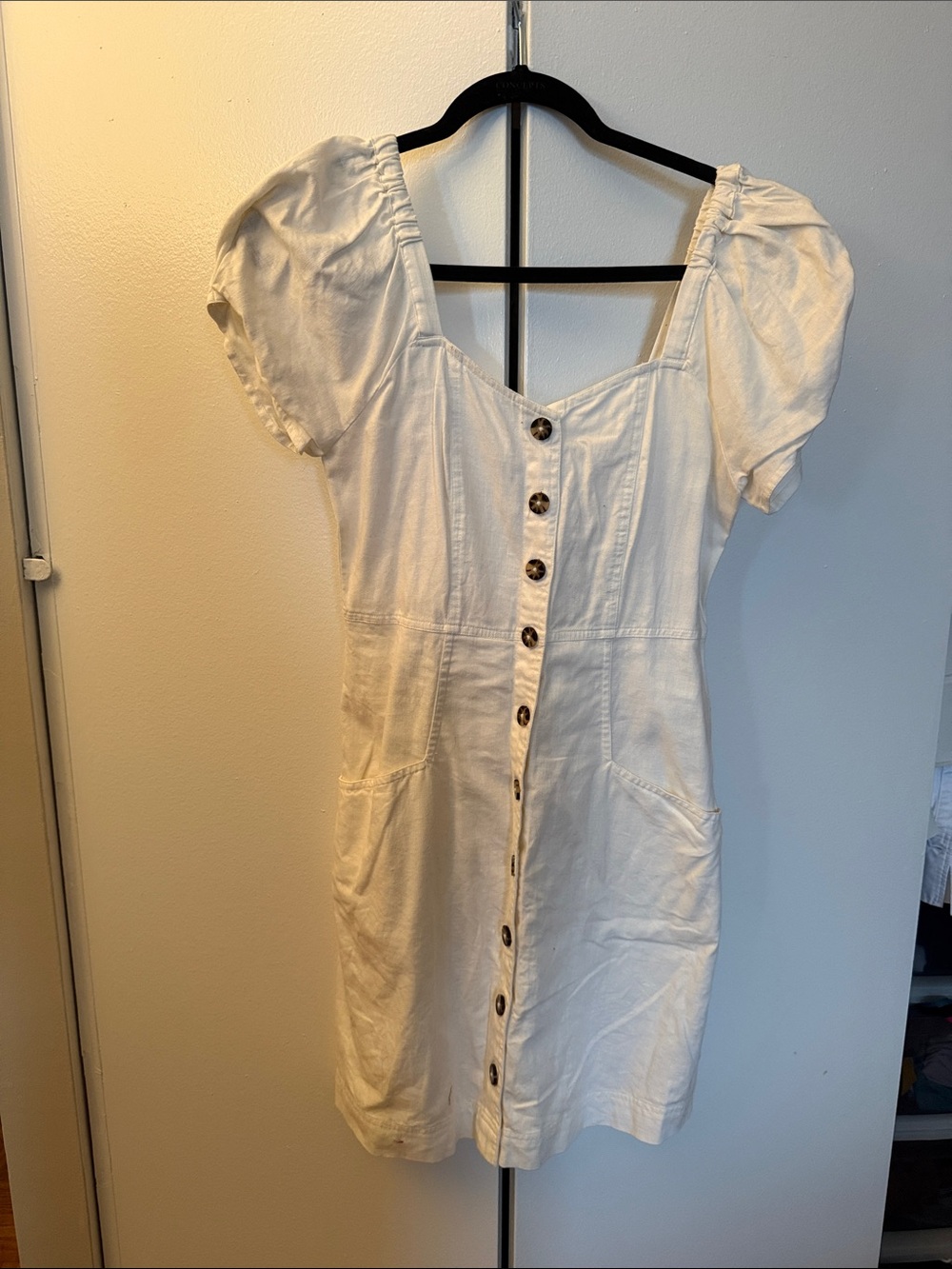 White Button-Front Puff Sleeve Dress